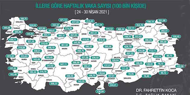 Türkiye’de haftalık koronavirüs haritası çıktı