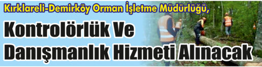 &nbsp;&nbsp;&nbsp;&nbsp;&nbsp; Kırklareli-Demirköy Orman İşletme Müdürlüğü, Kontrolörlük ve danışmanlık hizmeti alacak.