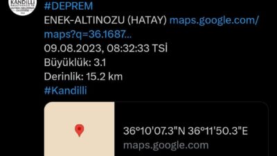 Hatay’ın Altınözü ilçesinde 3.1 şiddetinde artçı deprem meydana geldi. Depremin