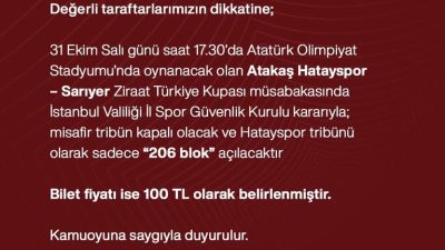 31 Ekim Salı günü Sarıyer ile karşılaşacak olan Hatayspor’un maçını