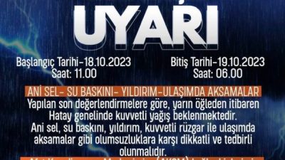 Meteoroloji, Hatay genelinde bugün saat 11.000’den itibaren yarın sabaha kadar