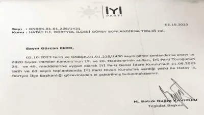 İyi Parti Dörtyol ilçe başkanı Gürcan Eker ,Genel merkez kararı