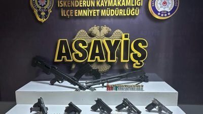 Hatay‘ın İskenderun ilçesinde, asayiş uygulamasında, ruhsatsız 5 tabanca, av tüfeği,