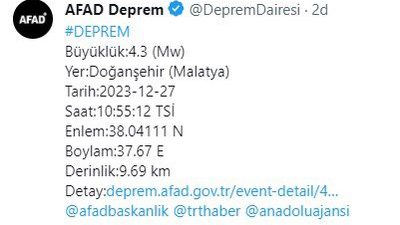 Malatya’nın Doğanşehir ilçesinde saat 10.55 civarında 4.3 büyüklüğünde deprem meydana