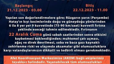 Meteoroloji Genel Müdürlüğü, bu gece yarısı 03.00’den itibaren Hatay’ın kıyı