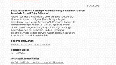 Meteoroloji Genel Müdürlüğü’nden gelen son değerlendirmelere göre, Hatay’ın batı ilçeleri