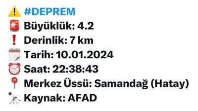 Hatay’da panik yaratan depremin şiddetini AFAD duyurdu. Hatay’ın Samandağ merkezinde