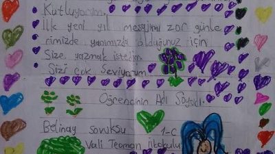 Antakya’da  ilkokul birinci sınıf öğrencisi okuma-yazmayı öğrendikten sonraki ilk yazısını