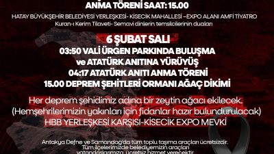 Hatay Büyükşehir Belediyesi, 6 Şubat Depremi’nin yıl dönümünde düzenleyeceği anma