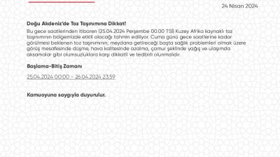 Meteoroloji bir duyuru ile gece saatlerinden itibaren (25.04.2024 Perşembe 00.00