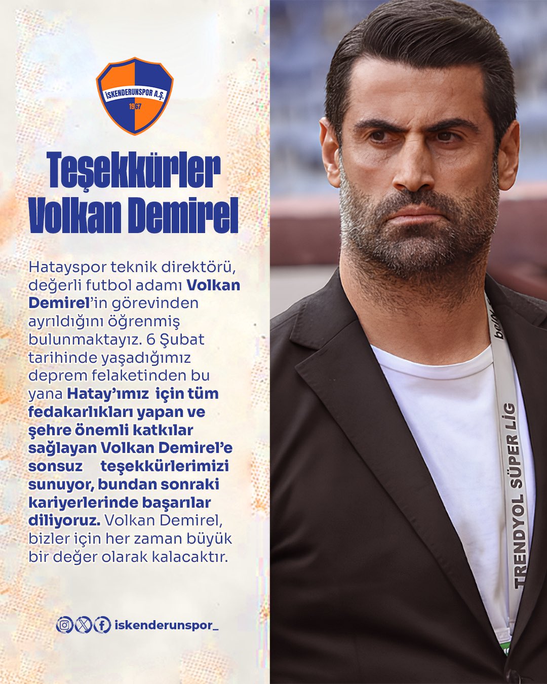 İskenderunspor’dan Volkan Demirel’e teşekkür