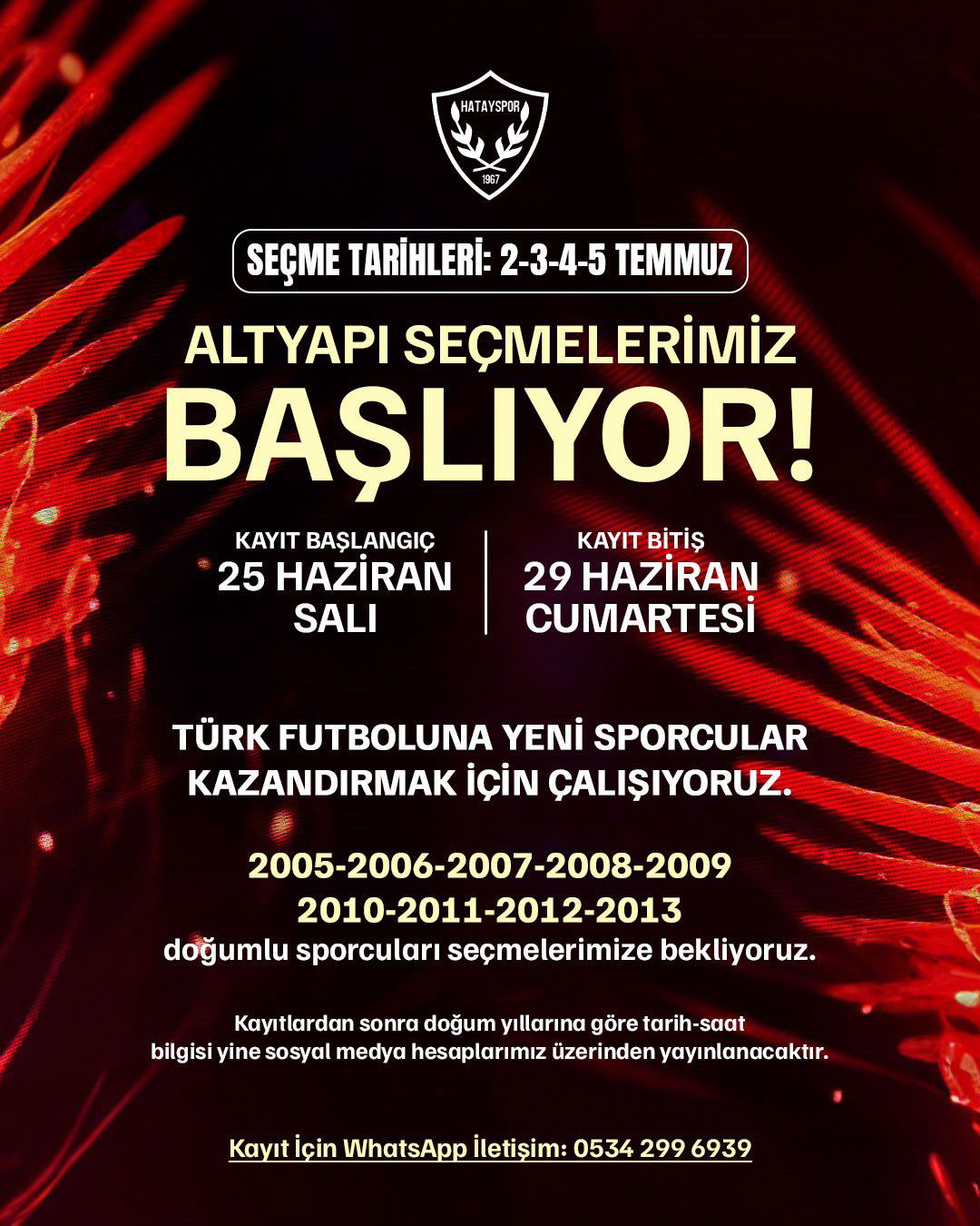 Hatayspor alt yapı seçmeleri başlıyor