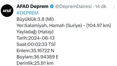 Suriye sınırında depremler etkisini göstermeye devam ediyor. AFAD verilerine göre
