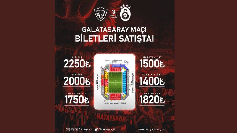 Hatayspor, Süper Lig’in 20. haftasında Galatasaray’ı evinde ağırlayacak. Karşılaşmanın bilet