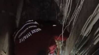 Hatay’ın Dörtyol ilçesinde bir apartmanın havalandırma boşluğuna düşen kedi, itfaiye