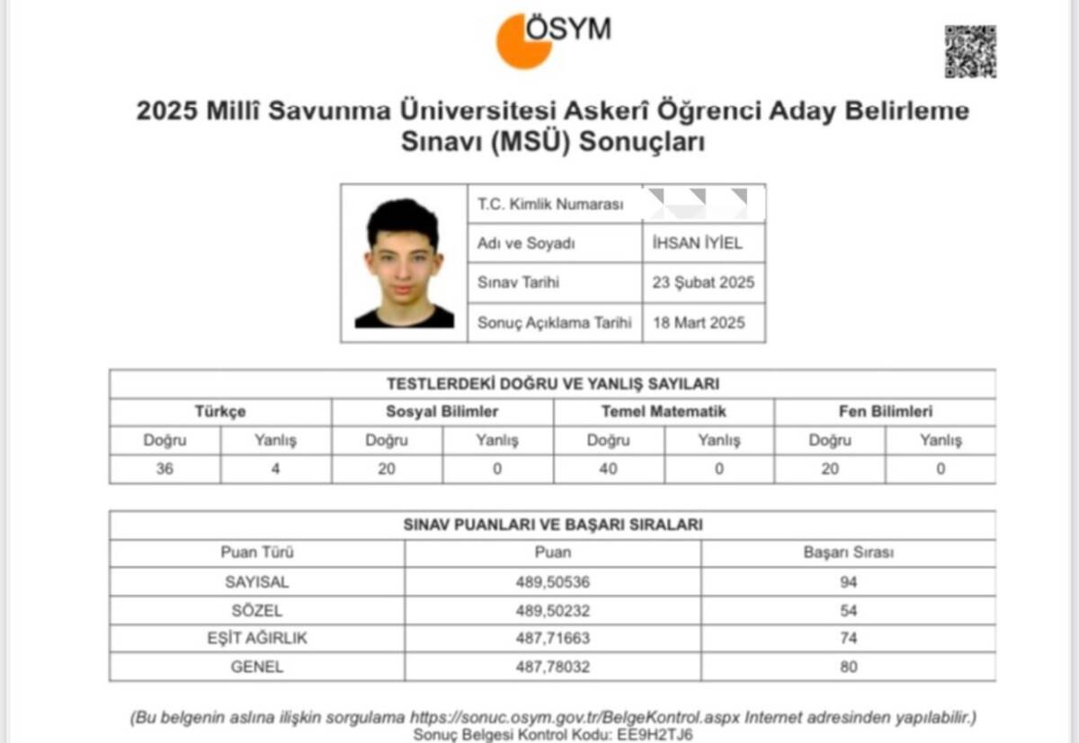 Hatay Doğa Koleji öğrencisi İhsan İyiel, Milli Savunma Üniversitesi (MSÜ)