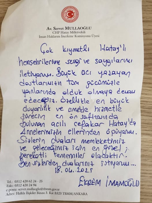 CHP Hatay Milletvekili Servet Mullaoğlu, cezaevinde tutuklu bulunan Ekrem İmamoğlu’nu