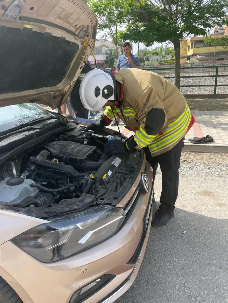 Hatay’ın Erzin ilçesinde bir aracın motor kısmına girerek mahsur kalan