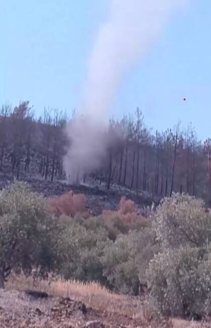 Hatay’da orman yangınından geriye kalan küle dönmüş alanlarda oluşan hortumlar,