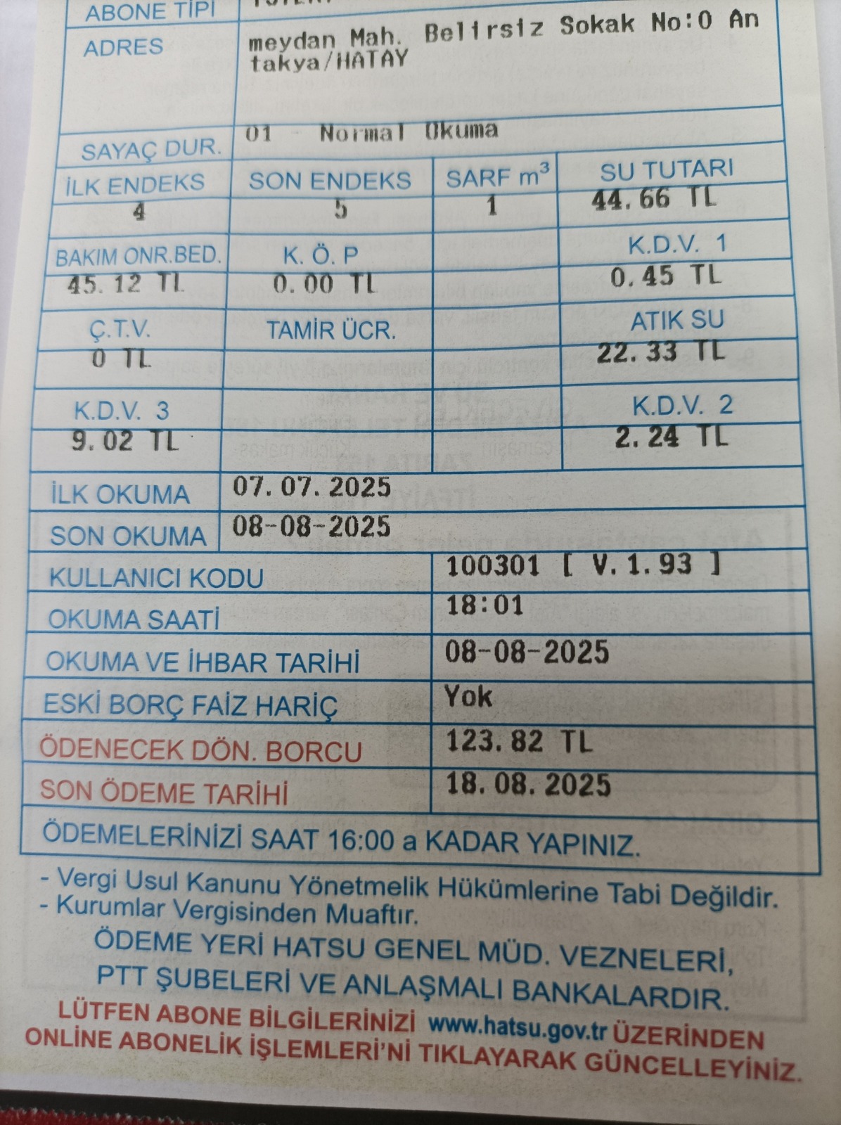 Hatay Büyükşehir Belediyesi Su ve Kanalizasyon İdaresi (HATSU), su tarifesine