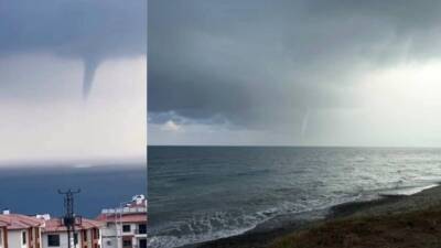 İskenderun açıklarında deniz üzerinde oluşan hortum, cep telefonu kameralarına yansıdı;