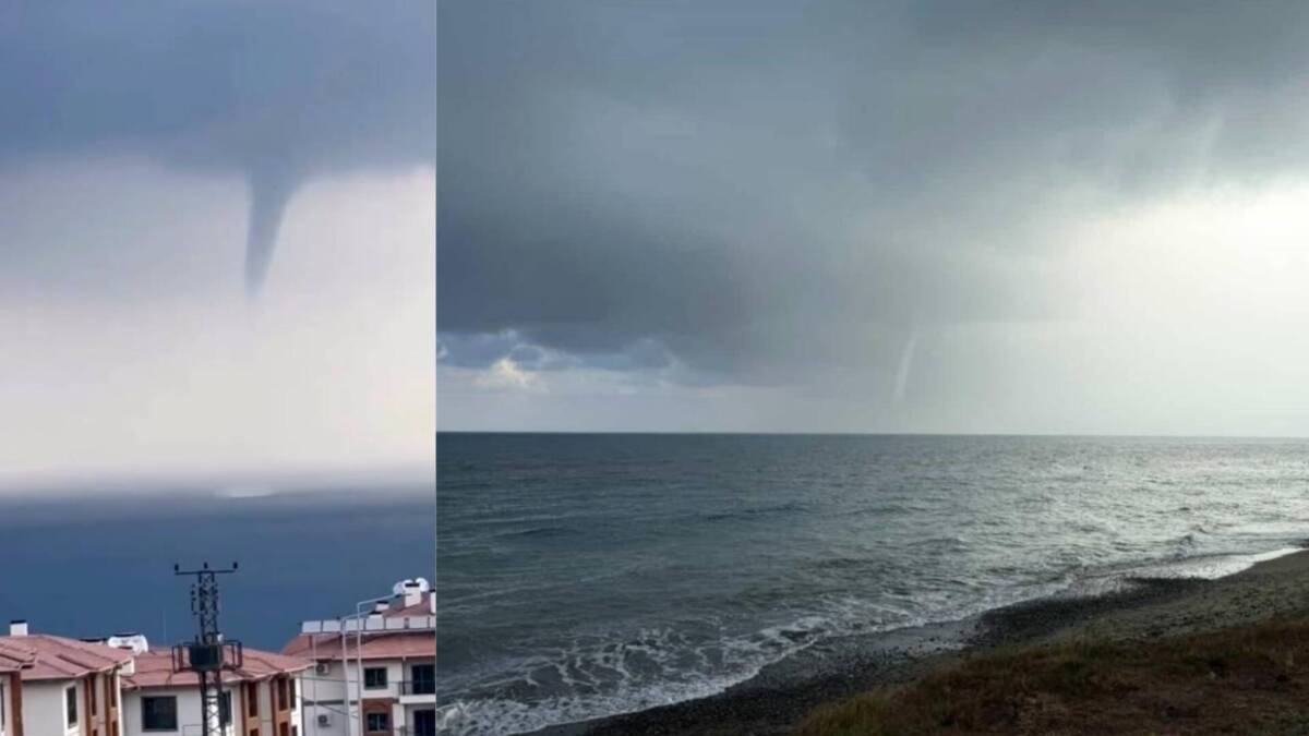 İskenderun açıklarında deniz üzerinde oluşan hortum, cep telefonu kameralarına yansıdı;