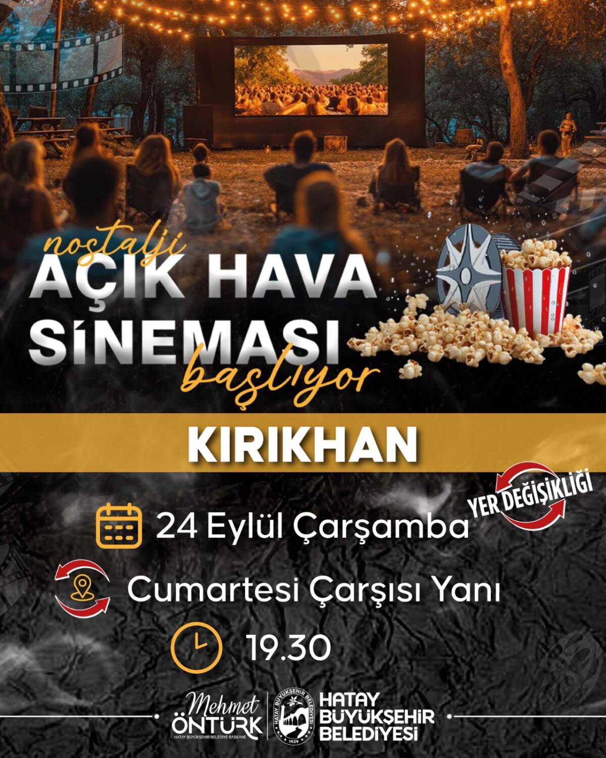 Hatay Büyükşehir Belediyesi’nin ilçelerde sürdürdüğü açık hava sinema gösterimleri bugün