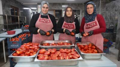 Hatay’da afetzede kadınların yoğun mesaisiyle kavurucu sıcakta kuruttuğu domatesler, kış