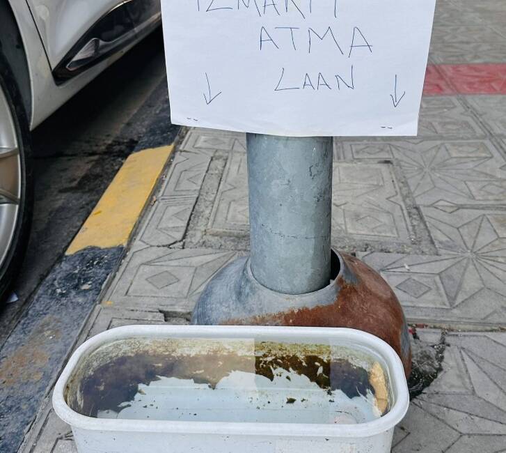 İskenderun’un işlek caddelerinden birinde, sokak hayvanlarına su veren bir esnaf,