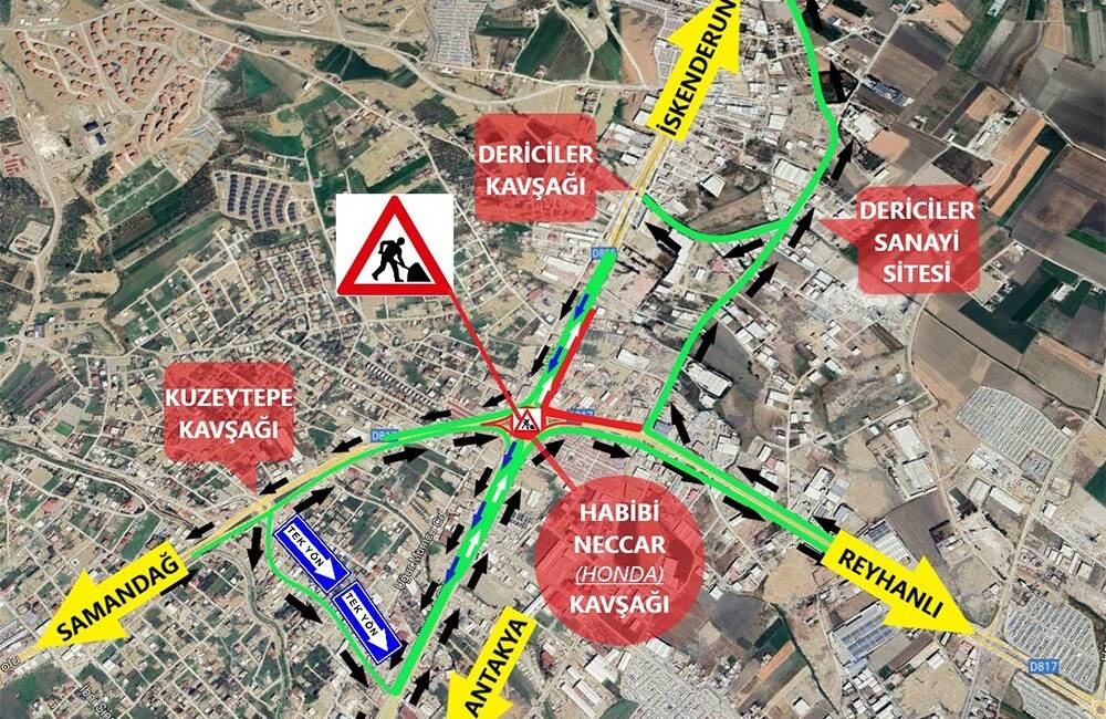 Antakya Habibi Neccar (Honda) Kavşağı Trafiğe Kapatıldı Hatay Büyükşehir Belediyesi (HBB), Antakya-İskenderun ve Samandağ-Reyhanlı yollarının kesişim noktasında