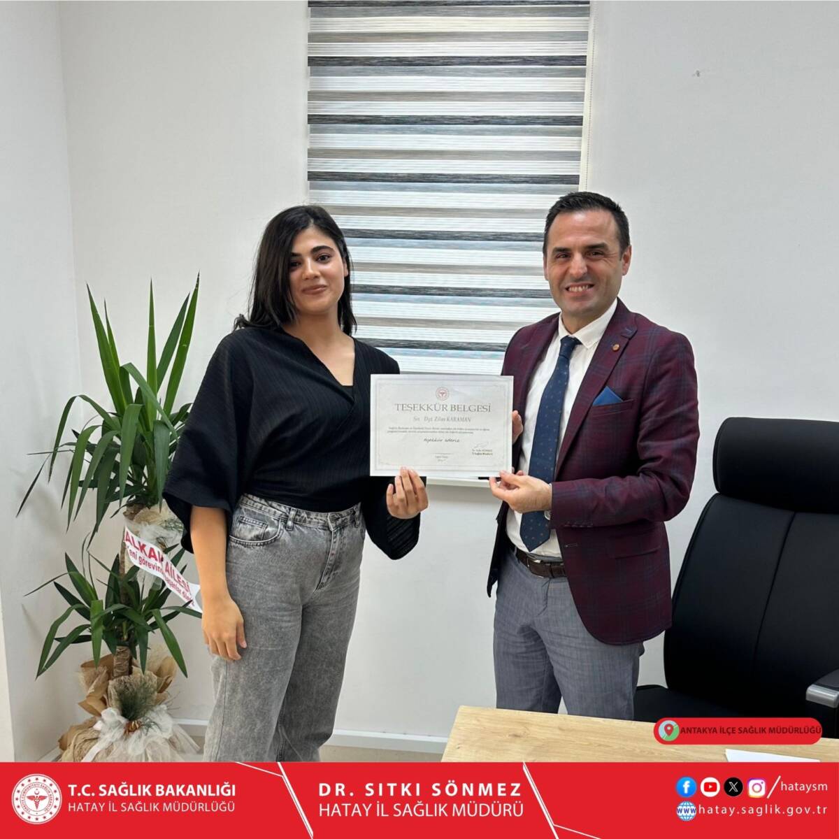 Antakya İlçe Sağlık Müdürlüğü, başarılı çalışmaları dolayısıyla iki diyetisyene teşekkür