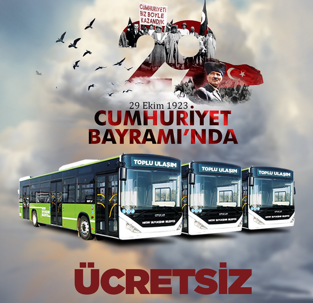 Cumhuriyet Bayramı’nda Toplu Ulaşım Ücretsiz Olacak Hatay Büyükşehir Belediyesi, 29 Ekim Cumhuriyet Bayramı’nda kent genelinde yeşil