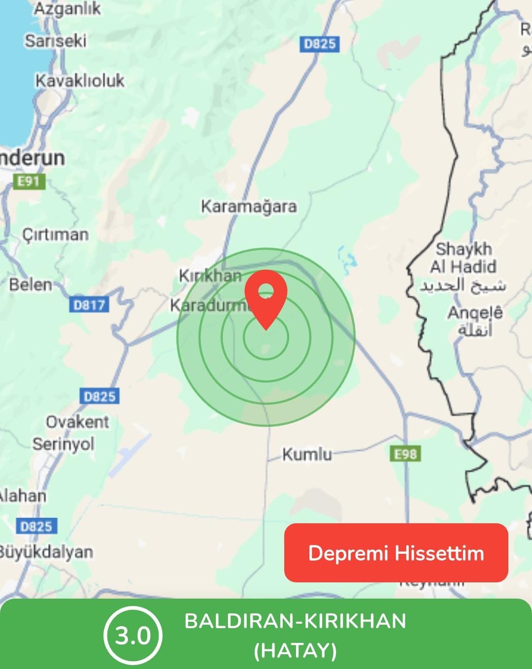 Kandilli Rasathanesi verilerine göre, Hatay’ın Kırıkhan ilçesine bağlı Baldıran merkezli