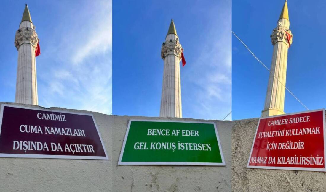 Hatay’ın Kırıkhan ilçesindeki tarihi İncirli Köyü Camii, duvarlarına asılan esprili