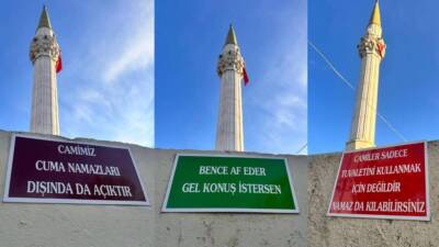 Hatay’ın Kırıkhan ilçesindeki tarihi İncirli Köyü Camii, duvarlarına asılan esprili