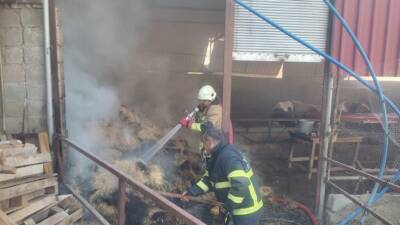 Hatay’ın Defne ilçesinde bir çiftliğin samanlık kısmında çıkan yangın, itfaiye