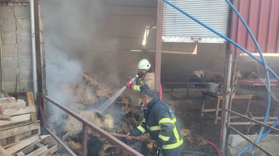 Hatay’ın Defne ilçesinde bir çiftliğin samanlık kısmında çıkan yangın, itfaiye