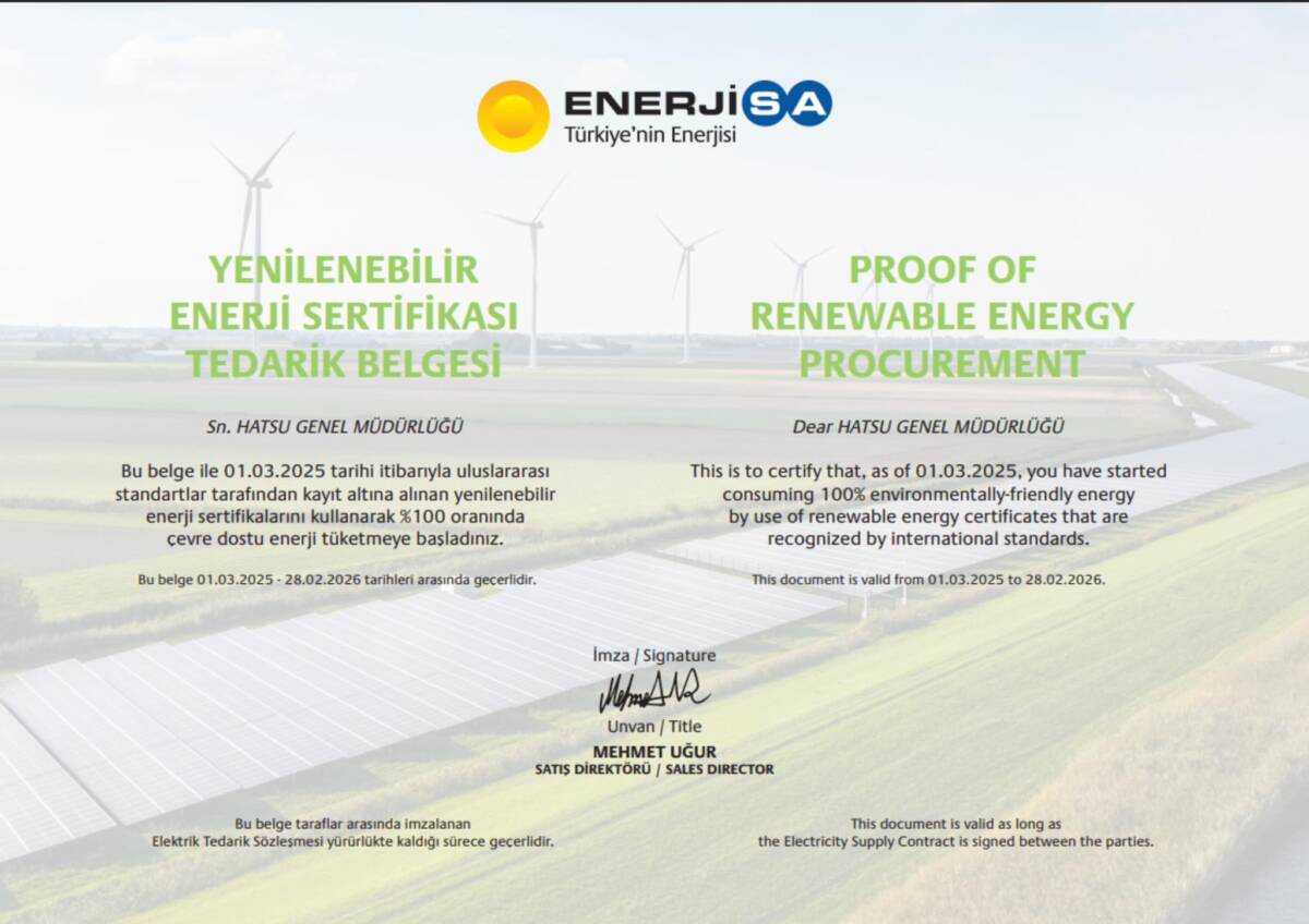 Hatay Büyükşehir Belediyesi’ne bağlı HATSU, %100 yenilenebilir enerji kullanımını belgelendirerek