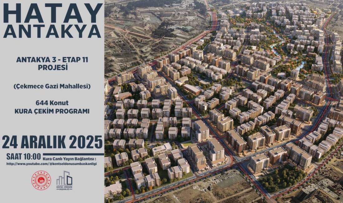 Hatay’da deprem sonrası yapımı tamamlanan konutlar için kura çekimi gerçekleştiriliyor.