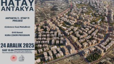 Hatay’da deprem sonrası yapımı tamamlanan konutlar için kura çekimi gerçekleştiriliyor.