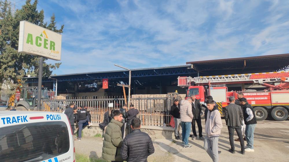 Hatay’ın Erzin ilçesinde narenciye paketleme fabrikasında çıkan yangında alevlerin yükseldiğini