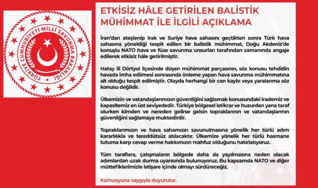 Milli Savunma Bakanlığı (MSB), İran’dan ateşlendikten sonra Irak ve Suriye