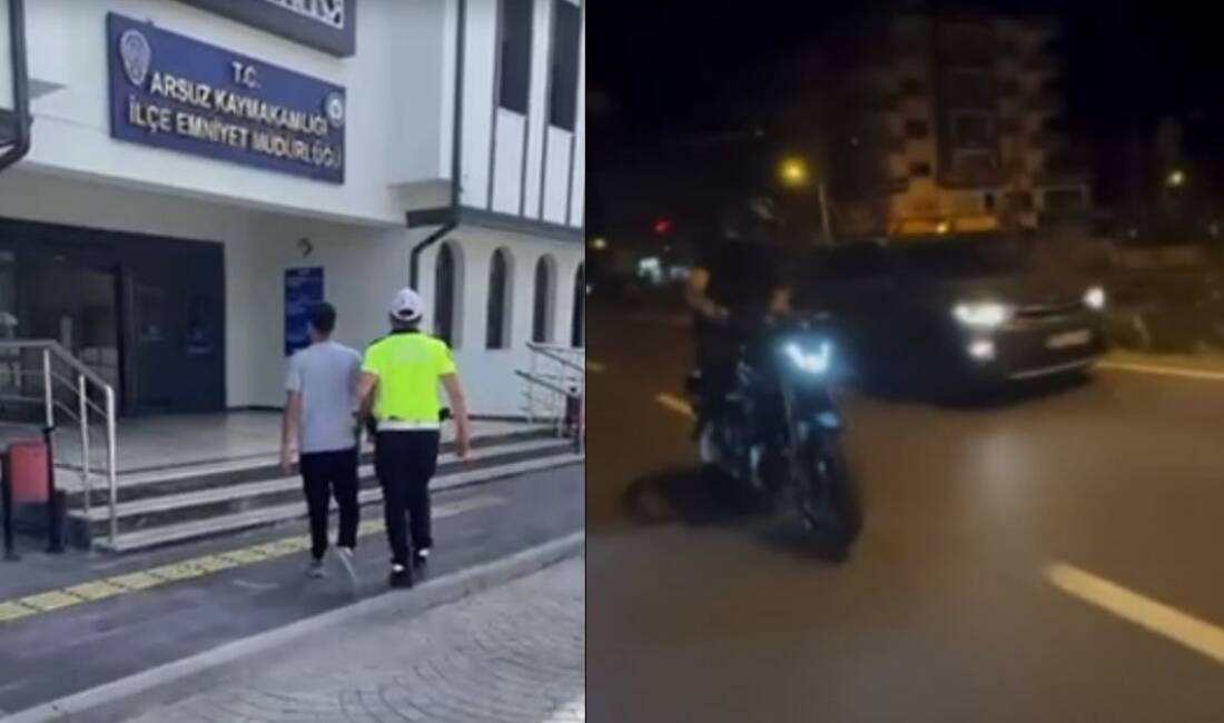 Hatay’ın Arsuz ilçesinde motosikletiyle trafiği tehlikeye düşürecek şekilde seyir halinde
