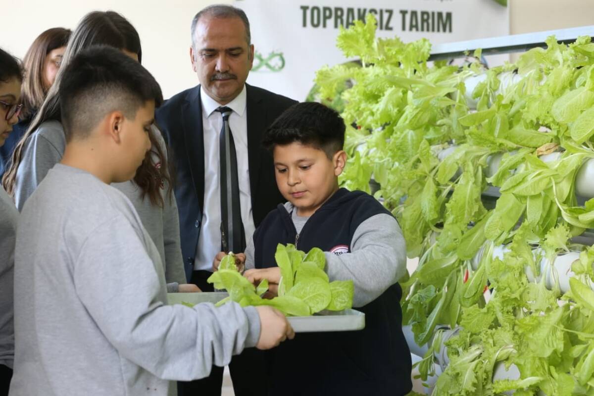 Hatay’ın Dörtyol ilçesinde ortaokul öğrencileri, okulda aldıkları topraksız tarım eğitimi