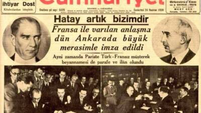 24 Haziran 1939 tarihli Cumhuriyet gazetesinin manşeti, Hatay'ın Türkiye'ye katılış