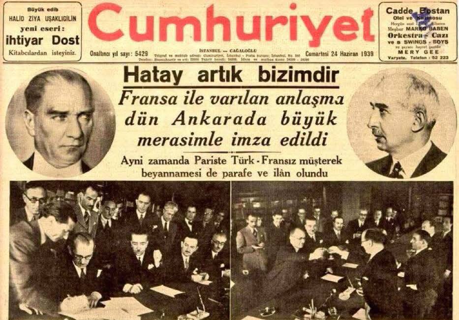 24 Haziran 1939 tarihli Cumhuriyet gazetesinin manşeti, Hatay'ın Türkiye'ye katılış