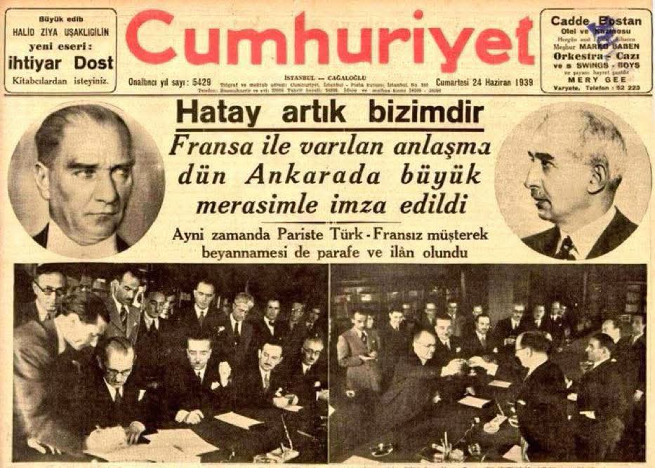 24 Haziran 1939 tarihli Cumhuriyet gazetesinin manşeti, Hatay'ın Türkiye'ye katılış