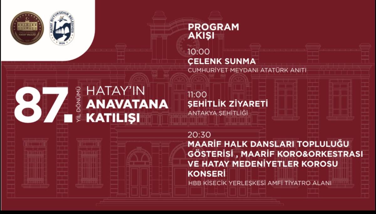 Hatay’ın anavatana katılışının 87. yıl dönümü dolayısıyla 23 Temmuz’da kent