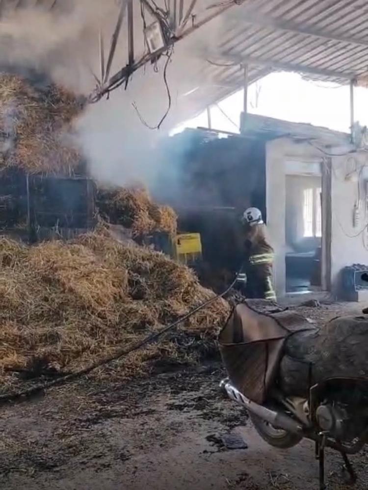 Hatay'ın Reyhanlı ilçesinde bir ahırın samanlık bölümünde çıkan yangın, itfaiye