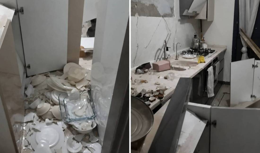 Antakya Dikmece TOKİ Konutları’nda gece saatlerinde duvardan koparak düşen mutfak